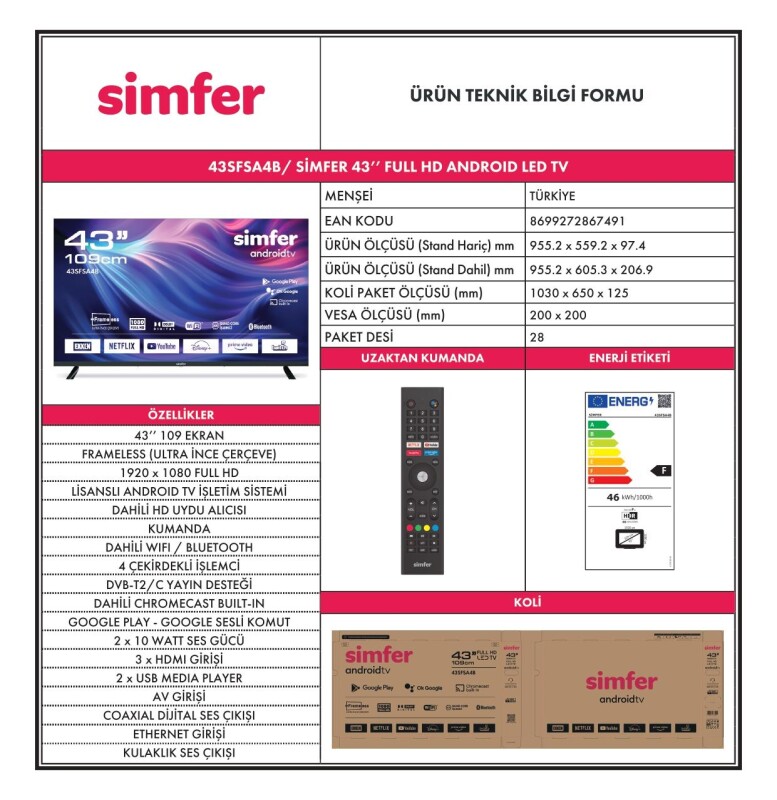 Simfer 43SFSA4B 109 Ekran 43 