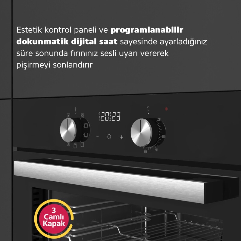 Simfer 8211 AirFry Plus Ankastre Fırın 10 Fonksiyon Dijital Saat, Grill, Teleskobik Ray, Siyah - 3