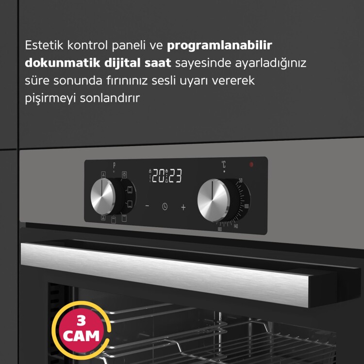 Simfer 8213 AirFry Plus Ankastre Fırın 10 Fonksiyon Dijital Saat, Grill, Teleskobik Ray, Gri - 3