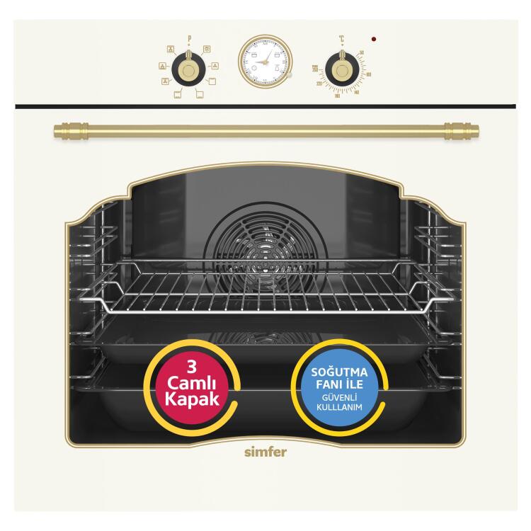 Simfer 8218 9 Fonksiyon Retro Bej Cam Ankastre Fırın Power Turbo - Simfer