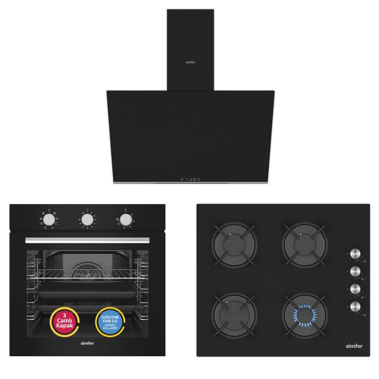 Simfer 9 Fonksiyon Mekanik Siyah Power Turbo 3'lü Ankastre Set (8226 Fırın + 3046 Ocak + 8727 Davlumbaz) - Simfer