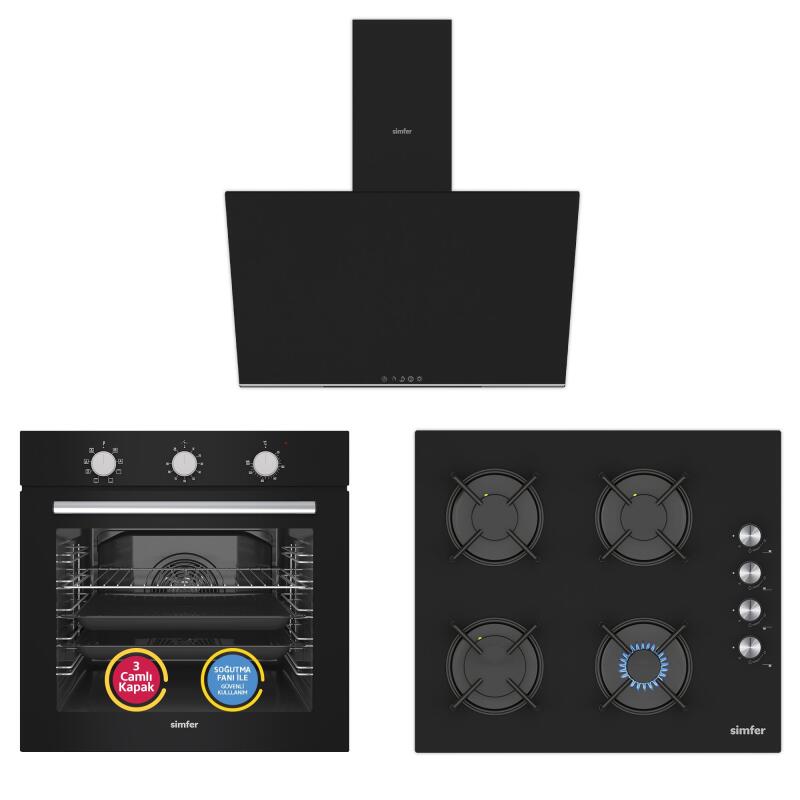 Simfer 9 Fonksiyon Mekanik Siyah Power Turbo 3'lü Ankastre Set (8226 Fırın + 3046 Ocak + 8727 Davlumbaz) - 1