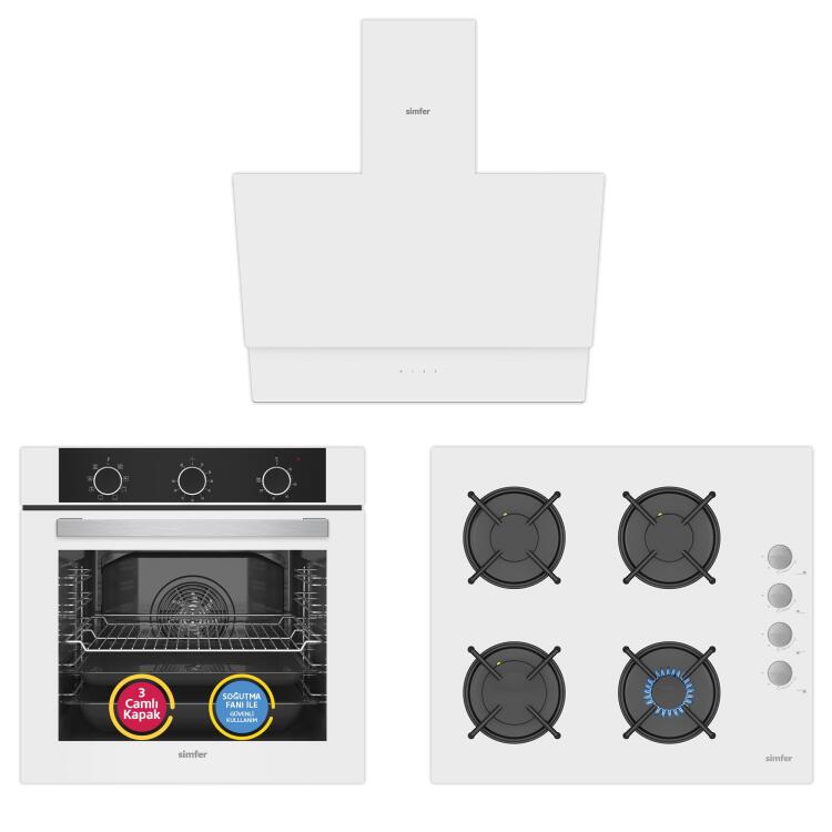 Simfer 9 Fonksiyon QS Mekanik Beyaz Büyük Pop-Up 3'lü Ankastre Set (Fırın + Ocak + Davlumbaz) - Simfer