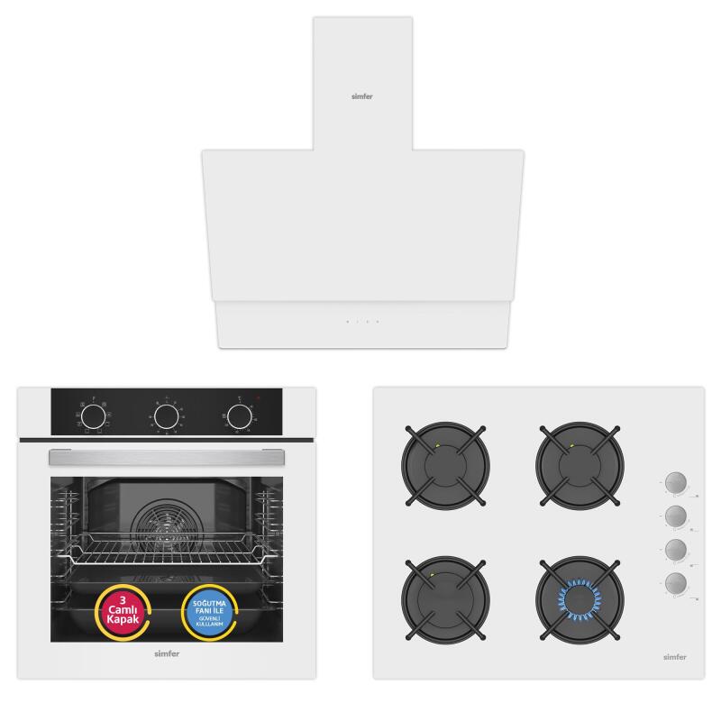 Simfer 9 Fonksiyon QS Mekanik Beyaz Büyük Pop-Up 3'lü Ankastre Set (8221 Fırın + 3507 Ocak + 8704 Davlumbaz) - 1