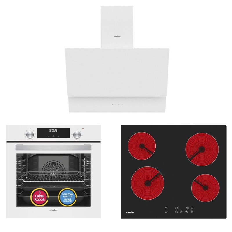 Simfer 9 Fonksiyon QS Beyaz Dijital Power Turbo Elektrikli 3'lü Ankastre Set (Fırın + Elektrikli Ocak + Davlumbaz) - 1