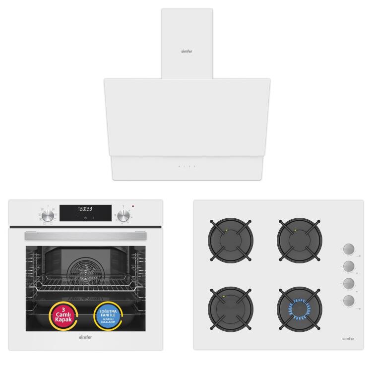 Simfer 9 Fonksiyon QS Dijital Beyaz 3'lü Ankastre Set (Fırın + Ocak + Davlumbaz) - Simfer