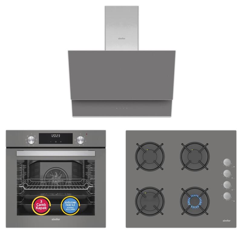 Simfer 9 Fonksiyon QS Dijital Gri 3'lü Ankastre Set (Fırın + Ocak + Davlumbaz) - 1