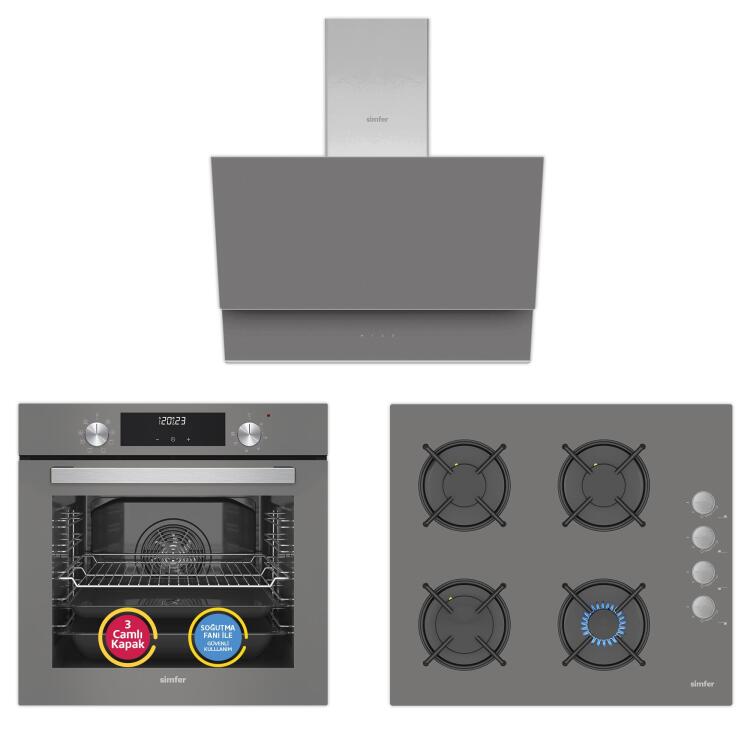 Simfer 9 Fonksiyon QS Dijital Gri 3'lü Ankastre Set (8223 Fırın + 3538 Ocak + 8736 Davlumbaz) - Simfer