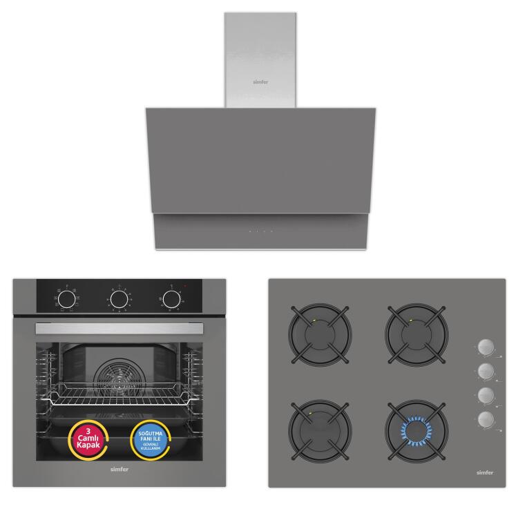 Simfer 9 Fonksiyon QS Mekanik Gri Büyük Pop-Up 3'lü Ankastre Set (Fırın + Ocak + Davlumbaz) - Simfer