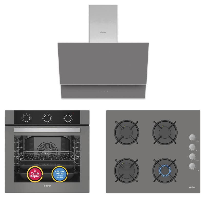 Simfer 9 Fonksiyon QS Mekanik Gri Büyük Pop-Up 3'lü Ankastre Set (8222 Fırın + 3538 Ocak + 8736 Davlumbaz) - 1