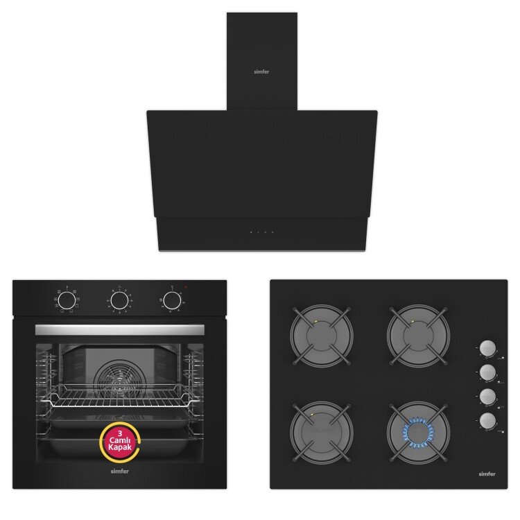 Simfer - Simfer 9 Fonksiyon QS Dijital Siyah Büyük Pop-Up Ankastre Set (8220 Fırın + 3500 Ocak + 8703 Davlumbaz)