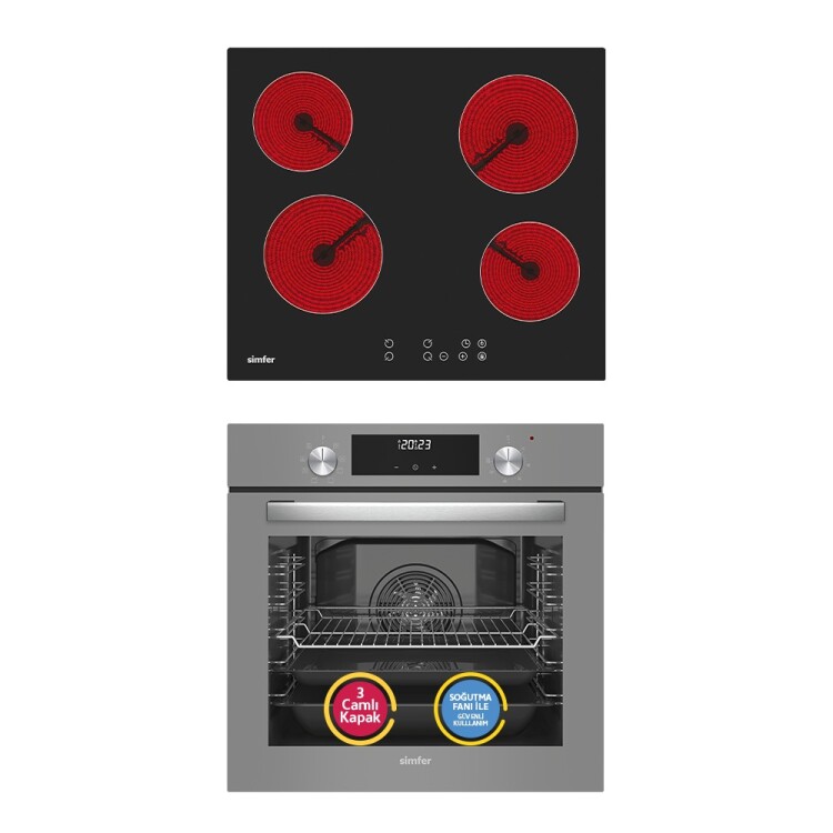 Simfer 9 Fonksiyon QS Gri Dijital Power Turbo Elektrikli 2'li Ankastre Set (Fırın + Elektirikli Ocak) - 1