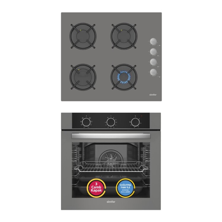 Simfer 9 Fonksiyon QS Mekanik Gri Büyük Pop-Up 2'li Ankastre Set (8222 Fırın + 3538 Ocak) - Simfer
