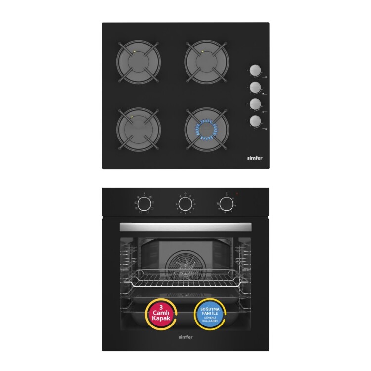 Simfer 9 Fonksiyon QS Mekanik Siyah Büyük Pop-Up 2'li Ankastre Set (8220 Fırın + 3500 Ocak) - 1