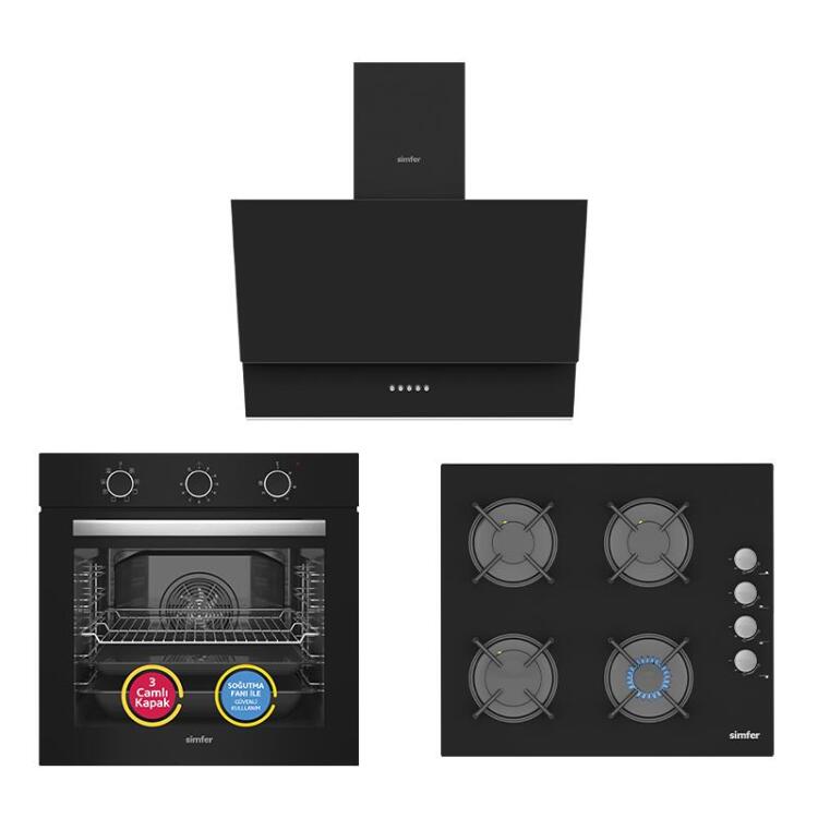 Simfer 9 Fonksiyon QS Mekanik Siyah Büyük Pop-Up 3'lü Ankastre Set (Fırın + Ocak + Davlumbaz) - Simfer