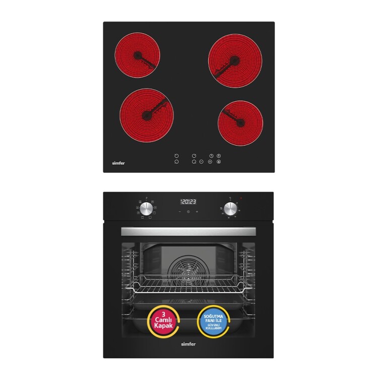 Simfer 9 Fonksiyon QS Siyah Dijital Power Turbo Elektrikli 2'li Ankastre Set (Fırın + Elektrikli Ocak) - Simfer