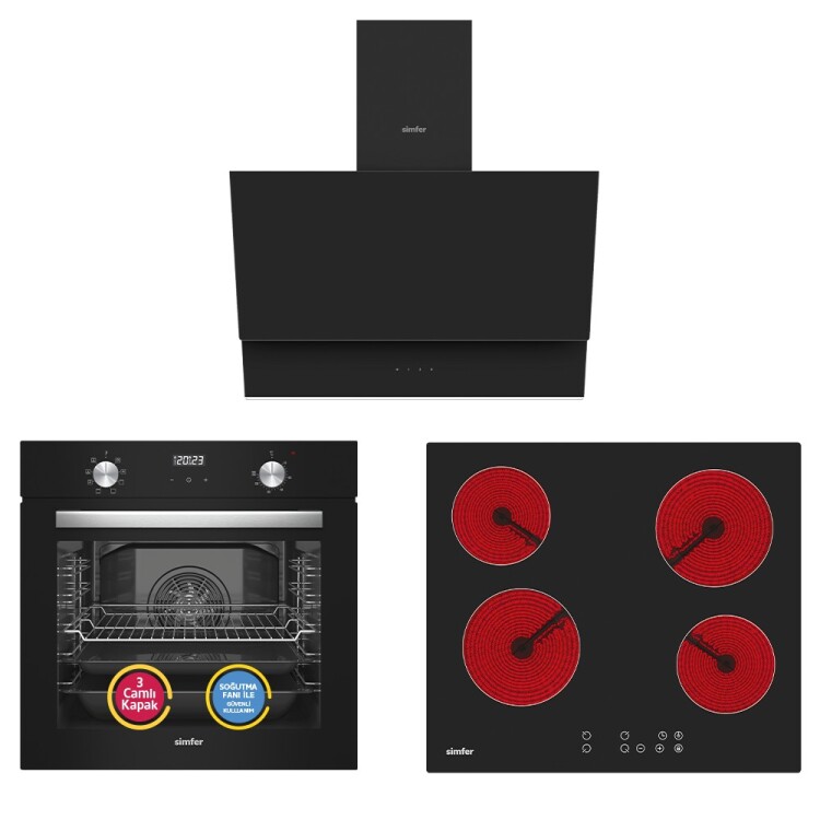 Simfer 9 Fonksiyon QS Siyah Dijital Power Turbo Elektrikli 3'lü Ankastre Set (Fırın + Elektrikli Ocak + Davlumbaz) - 1