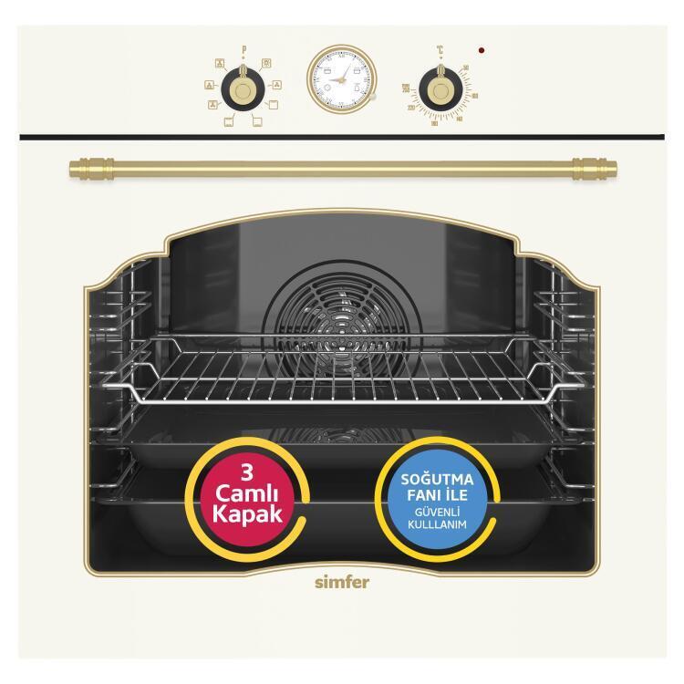 Simfer 9 Fonksiyon Retro Bej 3'lü Ankastre Set (Fırın + Ocak + Davlumbaz) - 2