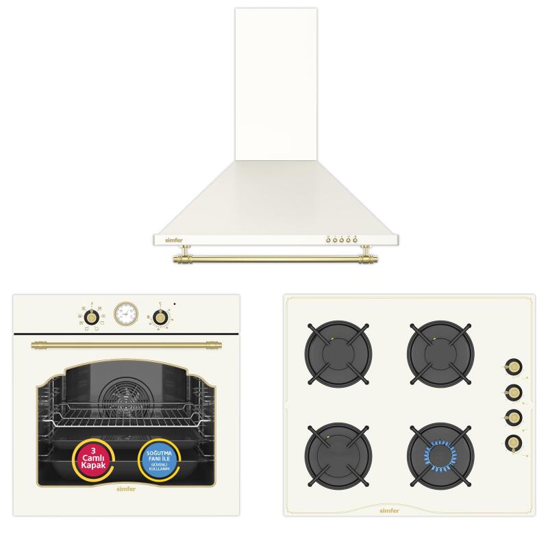 Simfer 9 Fonksiyon Retro Bej 3'lü Ankastre Set (Fırın + Ocak + Davlumbaz) - 1