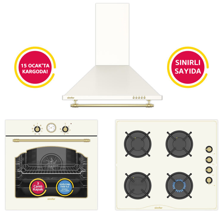 Simfer 9 Fonksiyon Retro Bej 3'lü Ankastre Set (8218 Fırın + 3326 Ocak + 8716 Davlumbaz) - Simfer