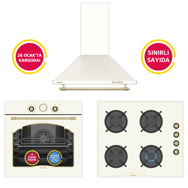 Simfer 9 Fonksiyon Retro Bej 3'lü Ankastre Set (8218 Fırın + 3326 Ocak + 8716 Davlumbaz) - Simfer