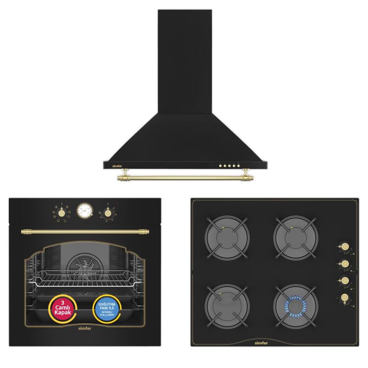 Simfer 8 Fonksiyon Retro Siyah Multi Turbo 3'lü Ankastre Set (Fırın + Ocak + Davlumbaz) - Simfer