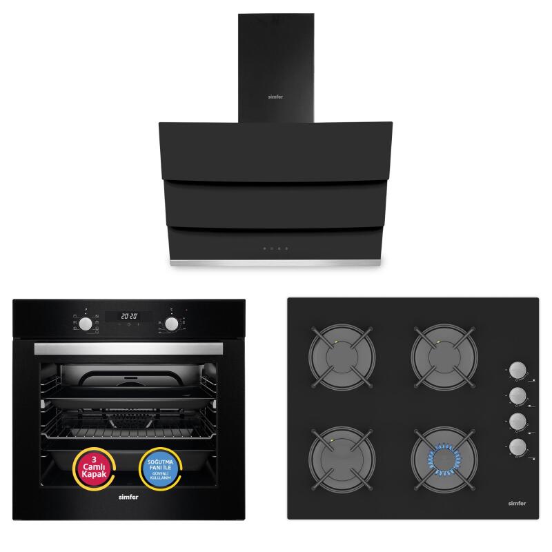 Simfer Turbo Siyah Ankastre Set (7327 Fırın + 3500 Ocak + 8678 Davlumbaz) - 1
