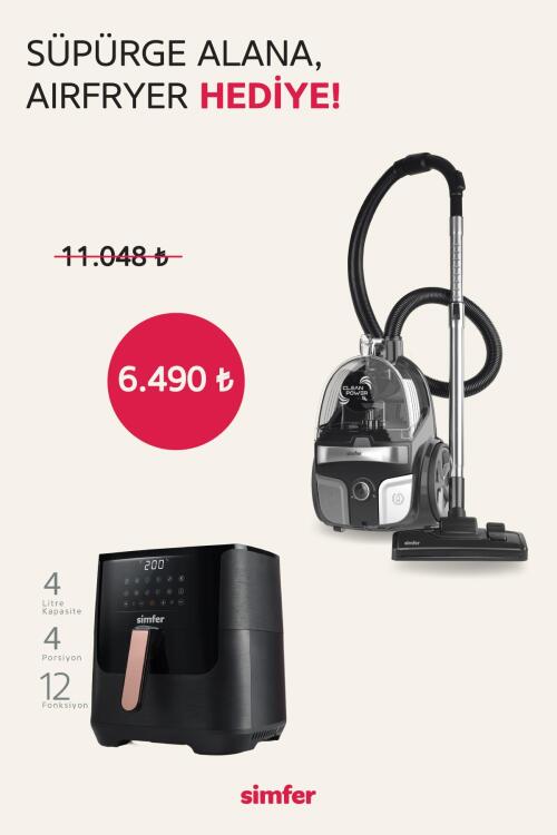 Simfer Toz Torbasız Yatay Süpürge Clean Power S4 Gri (4 Litre Smart Dijital Siyah Airfryer Hediye!) - SİMFER