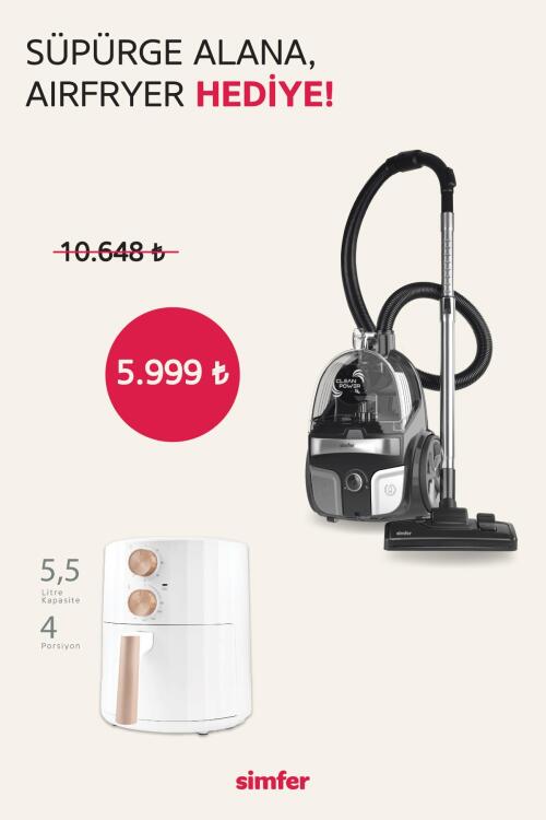 Simfer Toz Torbasız Yatay Süpürge Clean Power S4 Gri (5.5 LT Slient Pro Mekanik Airfryer Hediye!) - SİMFER