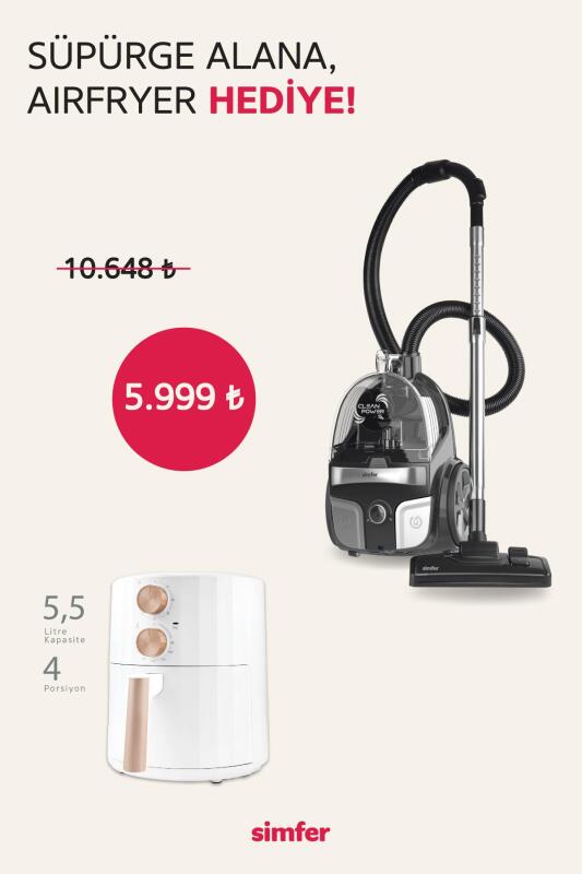 Simfer Toz Torbasız Yatay Süpürge Clean Power S4 Gri (5.5 LT Slient Pro Mekanik Airfryer Hediye!) - 1