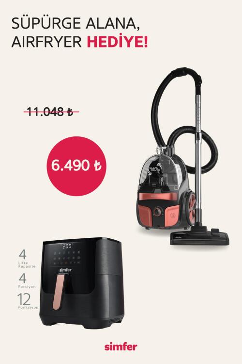 Simfer Toz Torbasız Yatay Süpürge Clean Power S4 Kırmızı (4 Litre Smart Dijital Siyah Airfryer Hediye!) - SİMFER