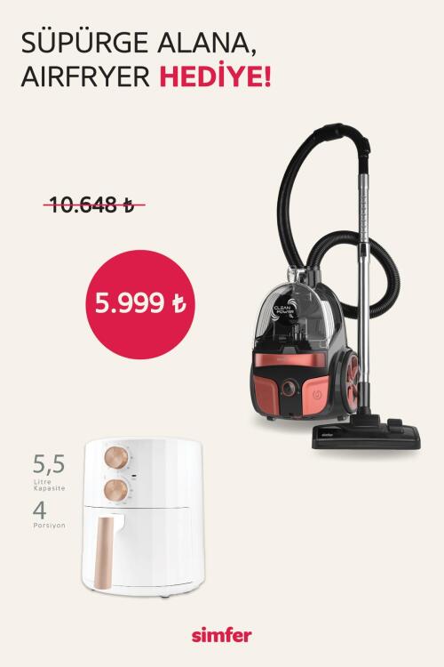 Simfer Toz Torbasız Yatay Süpürge Clean Power S4 Kırmızı (5.5 LT Slient Pro Mekanik Airfryer Hediye!) - SİMFER