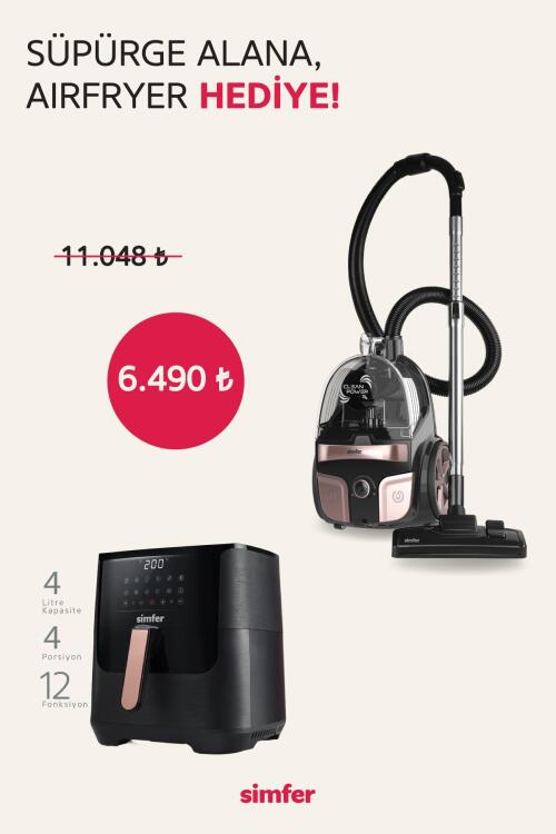 Simfer Toz Torbasız Yatay Süpürge Clean Power S4 Rosegold (4 Litre Smart Dijital Siyah Airfryer Hediye!) - SİMFER